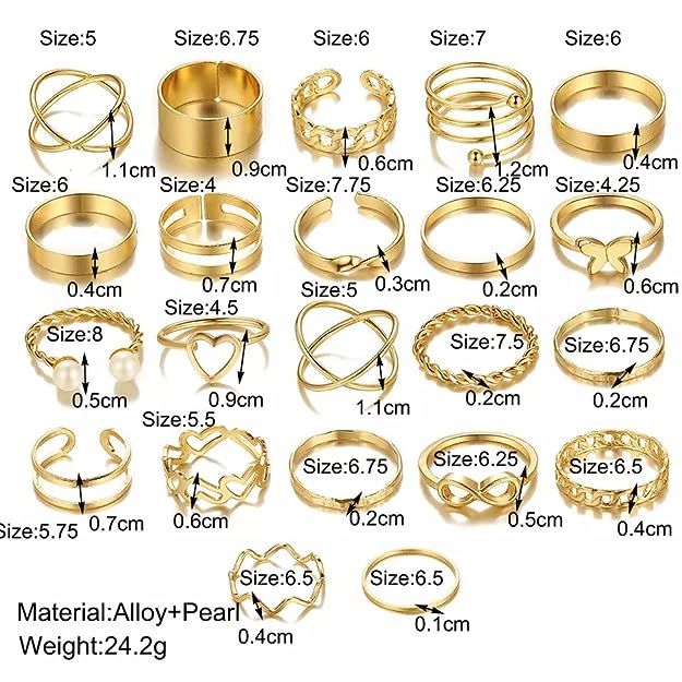 Rings for Women & Girls - 22 pcs. Gold Plated Butterfly Rings Multi-joint & Heart Shaped - Rings Set For Women and Girls