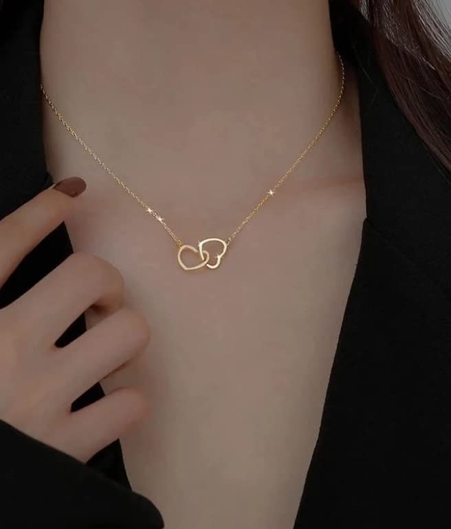 Necklace for Girls & Women - Gold Plated Double Heart Interlocking Small love Necklace Pendent Charm Chain For Girls and Women.