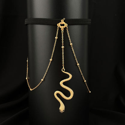 Gold Plated Thigh Leg Chain with Snake Tassel Elastic Band Body Jewellery for Girls and Women