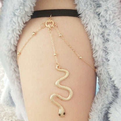 Gold Plated Thigh Leg Chain with Snake Tassel Elastic Band Body Jewellery for Girls and Women