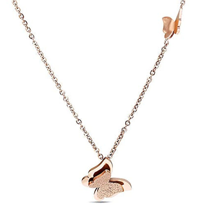 Necklace - Rose Gold Plated Double Crystal Butterfly Necklace Pendent With Adjustable 18 inch Chain