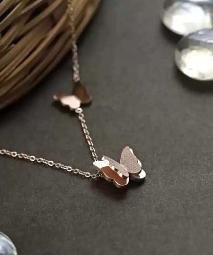 Necklace - Rose Gold Plated Double Crystal Butterfly Necklace Pendent With Adjustable 18 inch Chain