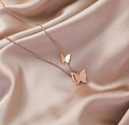 Necklace - Rose Gold Plated Double Crystal Butterfly Necklace Pendent With Adjustable 18 inch Chain