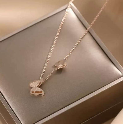 Necklace - Rose Gold Plated Double Crystal Butterfly Necklace Pendent With Adjustable 18 inch Chain