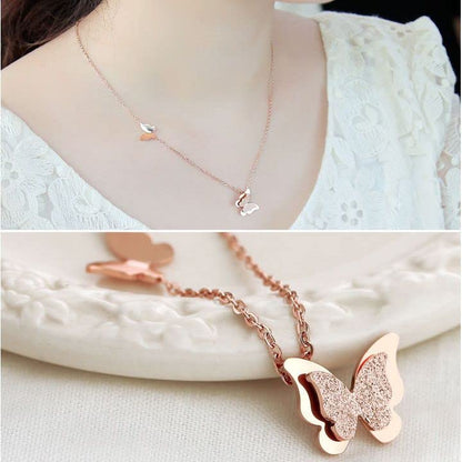 Necklace - Rose Gold Plated Double Crystal Butterfly Necklace Pendent With Adjustable 18 inch Chain